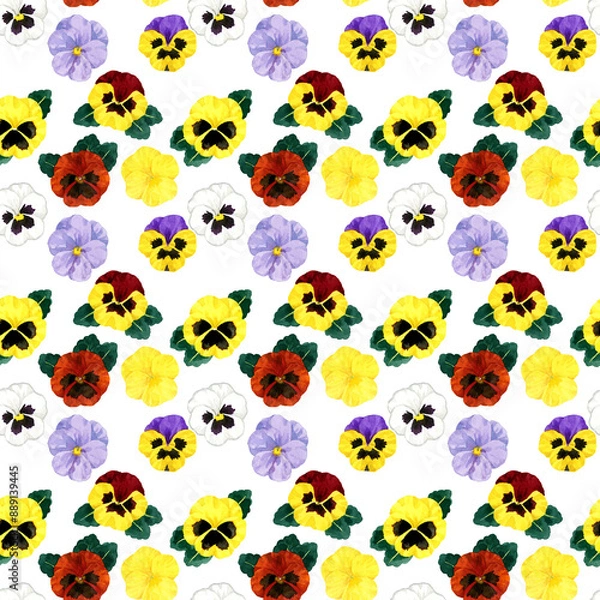 Obraz カラフルなパンジーのシームレスパターン　手描き水彩イラスト