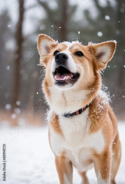 Obraz Sarabi dog playing gleefully in a field of freshly fallen snow, with snowflakes gently drifting down from a pale winter sky.