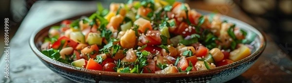 Fototapeta Close Up of a Colorful Salad with Chickpeas, Tomatoes, Cucumbers, and Parsley - Photo