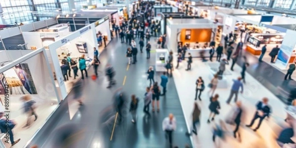 Fototapeta Abstract Blurred Focus of Trade Show Event with Business Conference, Exhibition, Job Fair, and Tech Expo. AI-Generated 4K High-Quality Wallpaper Depicting Busy Exhibition Hall with Blurred Individuals