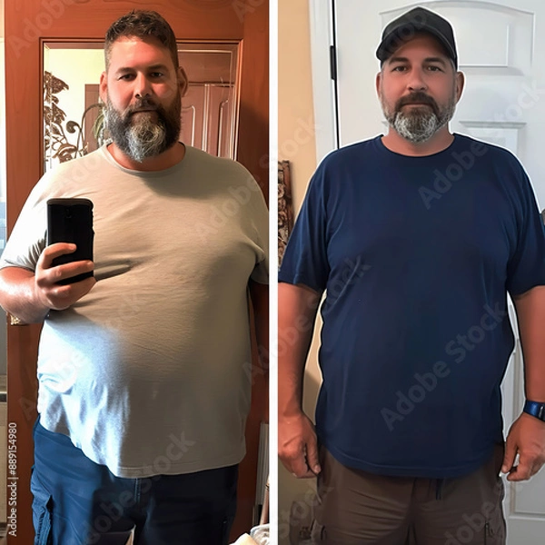Fototapeta Side by side comparison of man before and after weight loss journey