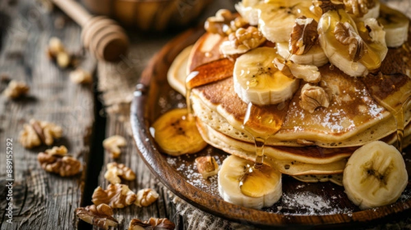 Fototapeta Stack of pancakes with banana slices, walnuts, and honey on rustic wooden table