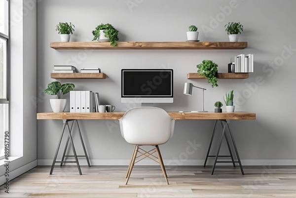 Fototapeta Home Office with Wall-mounted Shelves and Minimalist Desk: A minimalist home office mockup with wall-mounted shelves and a simple desk.