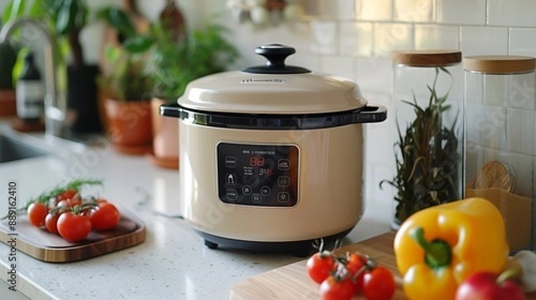 Fototapeta White Kitchen Countertop Electric Cooker With Tomatoes and Bell Peppers:A White Countertop Electric Cooker Sits on a White Countertop, With a Timer Set to 3