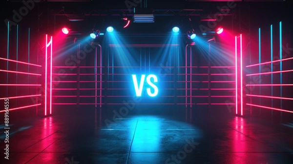 Fototapeta empty boxing ring with the word "VS" in lights between two columns on stage, red and blue neon light effects