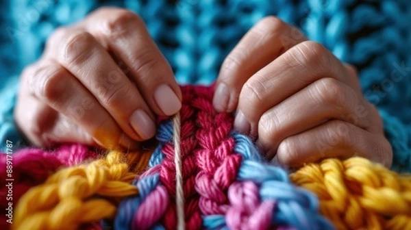 Fototapeta Close-up of human hands skillfully knitting a vibrant, colorful pattern using thick yarn, showcasing a traditional and creative activity in progress.