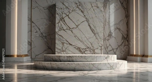 Fototapeta Modern marble podium An elegant white marble podium with sunlight casting soft shadows, ideal for product displays and contemporary presentations.
