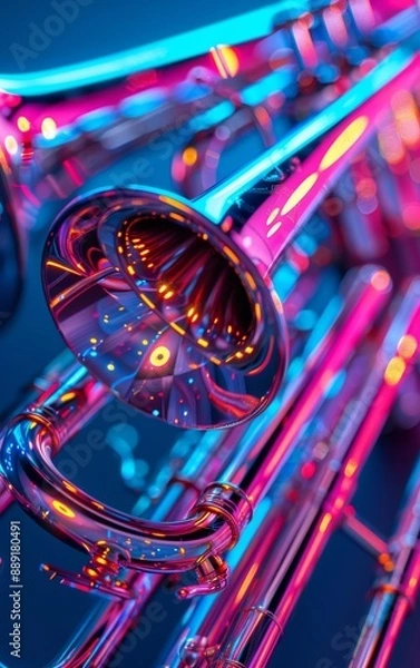 Fototapeta Bright 3D Neonlit Valve Trombone with Glowing Colors