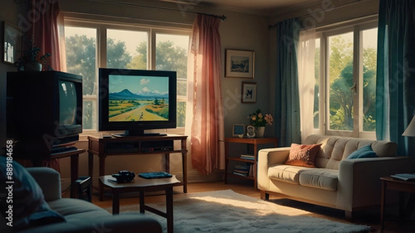 Fototapeta a living room with a couch, tv, and a window with a view of the mountains.