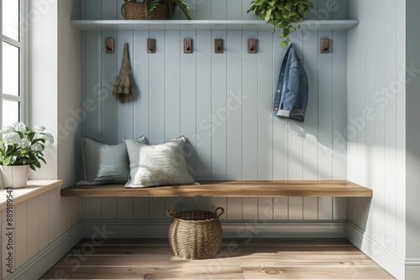 Fototapeta Minimalist Mudroom with Built-In Bench and Storage Hooks: A minimalist mudroom mockup featuring a built-in bench and storage hooks.