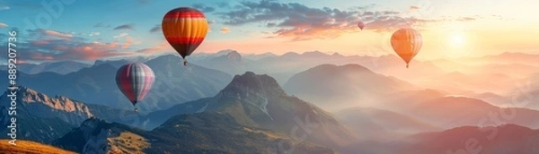 Fototapeta Balloons over Mountains Focus on balloons floating over mountain peaks with a scenic background 