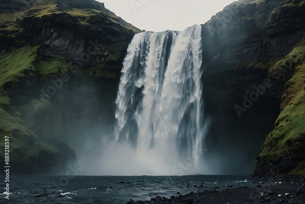 Fototapeta A lone figure stands dwarfed by the immense power of a waterfall cascading down sheer cliffs. The mist and spray create a sense of awe and wonder, highlighting the raw beauty of nature.

