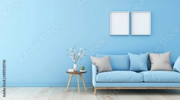 Fototapeta Modern living room with blue walls, a blue sofa, and minimalist decor. Clean and fresh interior design with framed artwork and a green plant.