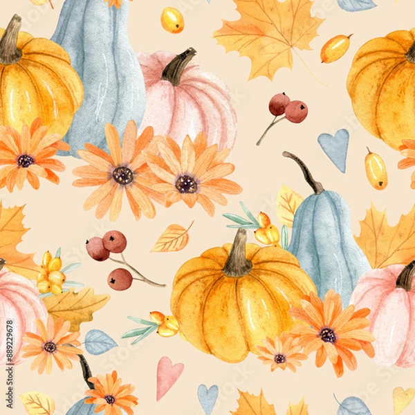 Fototapeta Watercolor autumn seamless pattern with hand drawn pumpkins, autumn leaves for autumn decoration