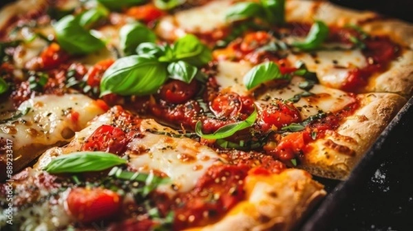 Fototapeta Close-up of delicious homemade margherita pizza with fresh basil leaves, melted cheese, and tomato sauce.