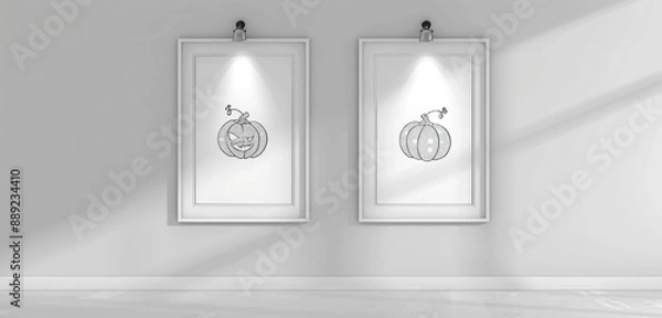 Fototapeta Two frames with Halloween ornament line art, positioned on a solid white wall, illuminated by strategic spotlights. The high-definition quality is impeccable.