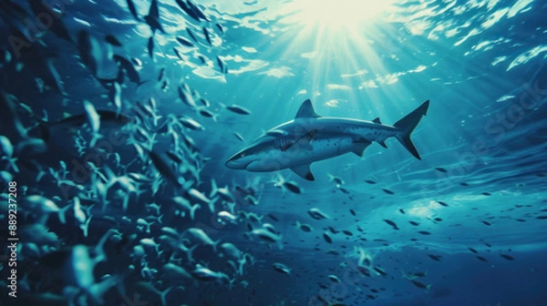 Obraz Shark and tiny fishes swimming together in the vast ocean expanse