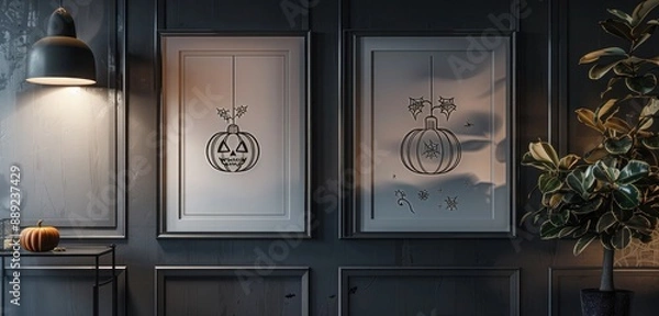 Fototapeta Two frames with Halloween ornament line art, positioned on a dark grey wall, with strategic spotlighting. 