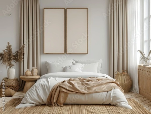 Fototapeta 3d render mockup of A bedroom with a white bed and a white blanket