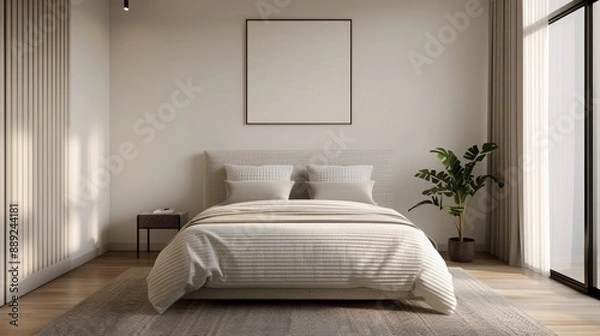 Fototapeta Minimalist bedroom with white bedding, large window, and indoor plant. Neutral colors create a serene and cozy atmosphere.