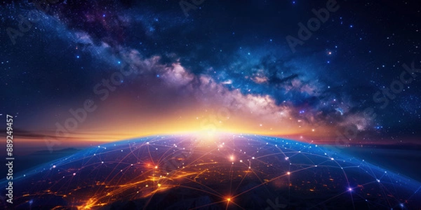 Fototapeta Majestic Night Sky with Milky Way Galaxy, Cross-Shaped Star Patterns, and AI Satellites Orbiting