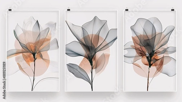 Fototapeta A set of three posters with a flowing line art flower that spans all pieces, creating a cohesive and stylish composition on a white background