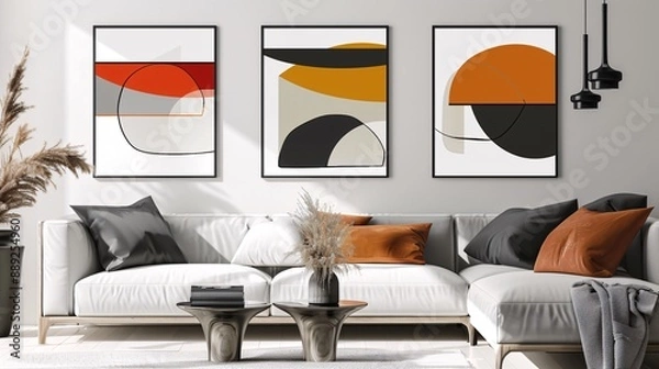 Fototapeta A set of three contemporary abstract art posters featuring a continuous minimalistic design, perfect for a sleek and modern decor on a white background