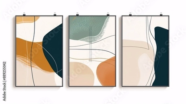 Fototapeta A set of three contemporary abstract art posters featuring a continuous minimalistic pattern, elegantly displayed on a white background for a modern and elegant look