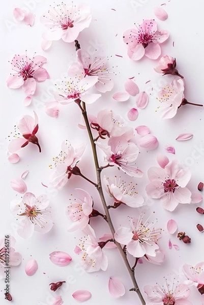Fototapeta Crisp and clear focus captures the intricate details of blossoming tree petals on a pristine white backdrop.