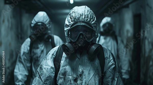 Fototapeta Healthcare workers navigating through a biohazard zone