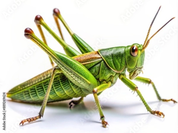 Fototapeta Vibrant green grasshopper perches on a pristine white background, showcasing intricate details of its elongated body, delicate wings, and complex leg structure in stunning clarity.