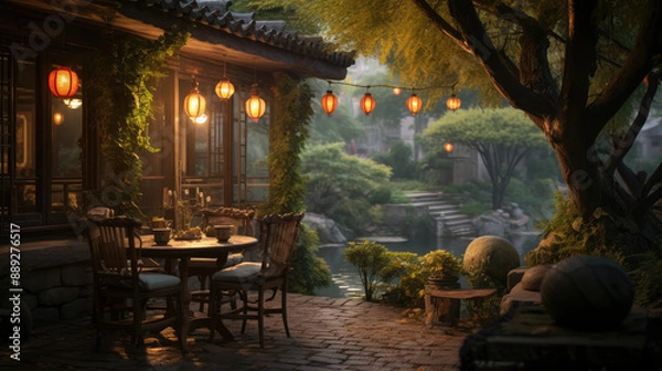 Obraz Serene Traditional Asian Garden at Dusk with Lanterns