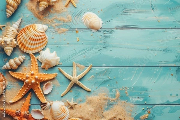Fototapeta Seashells and starfish on a blue wooden background in a beach scene concept