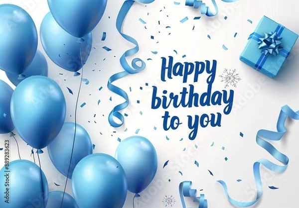 Obraz Happy Birthday card design with text " Happy birthday to you ", blue balloons, gift box and ribbon isolated on white background vector illustration 
