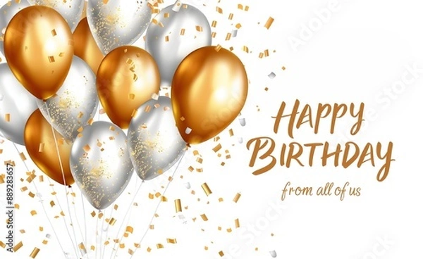 Obraz Happy birthday card with golden and silver balloons, confetti and text "HAPPY BIRTHDAY from all of us" on white background 
