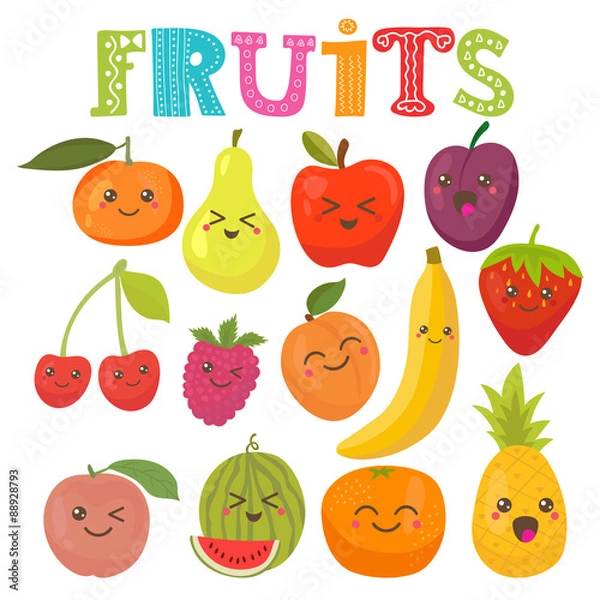 Fototapeta Cute kawaii smiling fruits. Healthy style collection