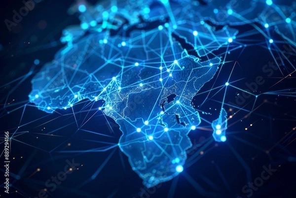 Obraz Glowing Blue Digital Africa Map with Glowing Dots and Lines