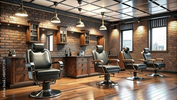 Obraz Interior of stylish barbershop with gray walls, concrete floor, row of client chairs and tall vertical mirrors. Window with cityscape. Concept of hairdressing and self care. 3d rendering