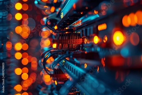 Obraz Glowing orange server cables and lights in a dark data center