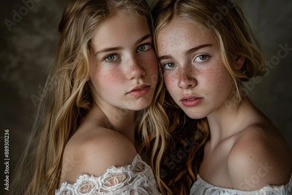 Obraz Two young women with freckles pose for a photo shoot
