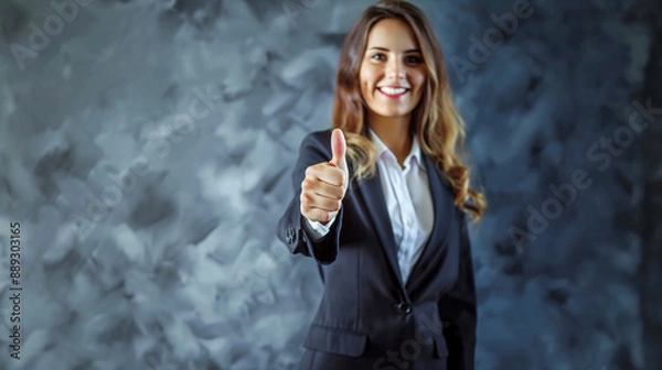 Obraz Businesswoman Celebrating Business Success with Thumbs Up on Gray Background