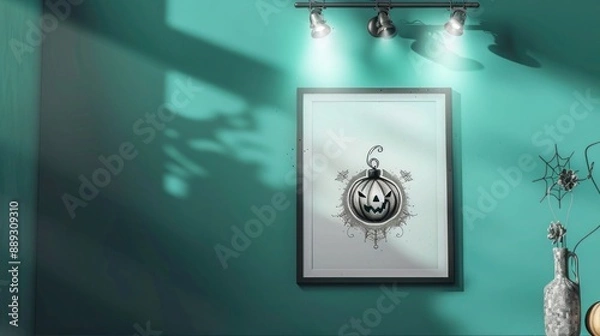 Fototapeta A single frame mockup featuring Halloween ornament line art, mounted on a bright cyan wall with spotlights highlighting its features. 