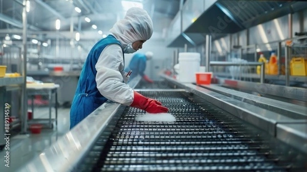 Fototapeta An employee sanitizing a conveyor belt in a food processing plant to maintain hygiene standards. High-definition, cleanliness, food production safety, factory hygiene, sanitation practices