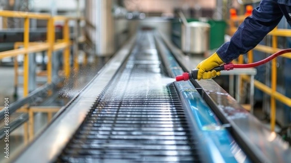 Fototapeta A worker using a sanitizing spray to clean a conveyor belt in a food manufacturing facility. High-resolution, cleanliness, food production hygiene, factory sanitation, hygiene practices