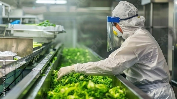 Fototapeta A worker in a vegetable processing plant wearing protective gear and sanitizing the production line. High-definition, food safety standards, factory hygiene, protective gear, vegetable processing