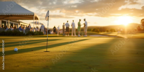 Obraz Luxury-Dressed Professional Typing on Laptop and Networking at Prestigious Country Club Event with Elegant Golf Course and Sophisticated Vibe