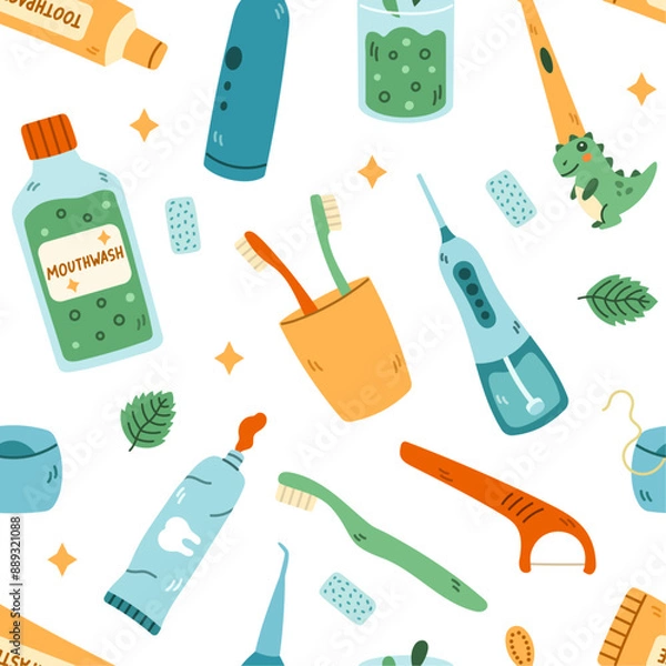 Fototapeta Seamless pattern of dental theme and tooth brushing on white background