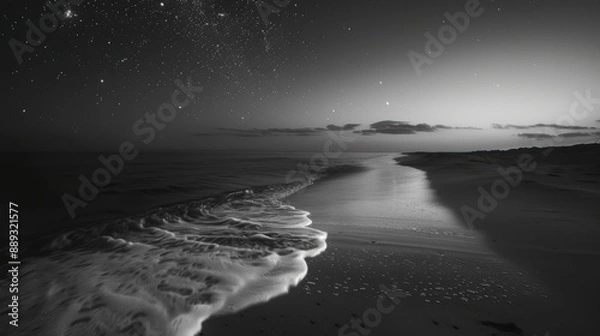 Obraz Ocean wave crashing on the beach under a starry night sky with black and white tones