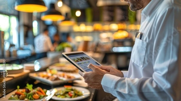 Fototapeta an inspector using a digital tablet to record food safety compliance data in a restaurant. High-definition, inspection, food safety audit, digital tools, compliance data