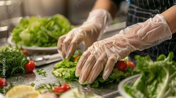 Fototapeta a food handler wearing gloves while preparing a fresh salad, ensuring hygiene and safety. 